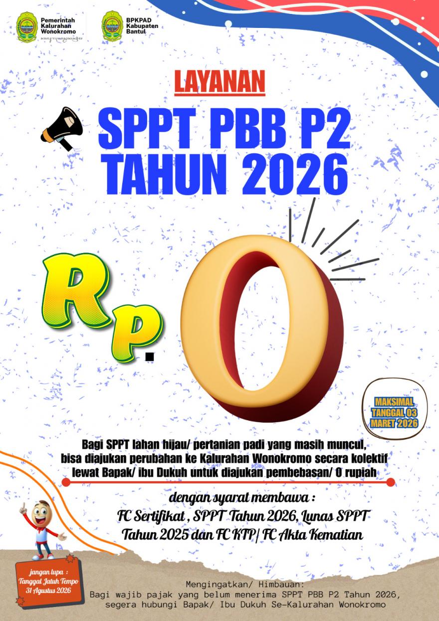 Pelayanan SPPT PBB-P2 Tahun 2026 di Kalurahan Wonokromo, Wajib Pajak Berpeluang Dapatkan Pembebasan